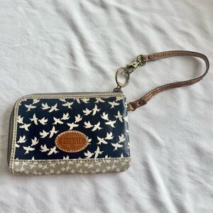 Fossil Blue and Cream Bird Pattern Wristlet